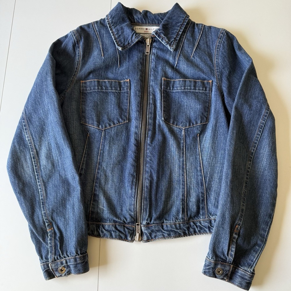 Tommy Hilfiger Women's‎ Vintage Denim Jacket Y2K Nautical Flag Back Size Large